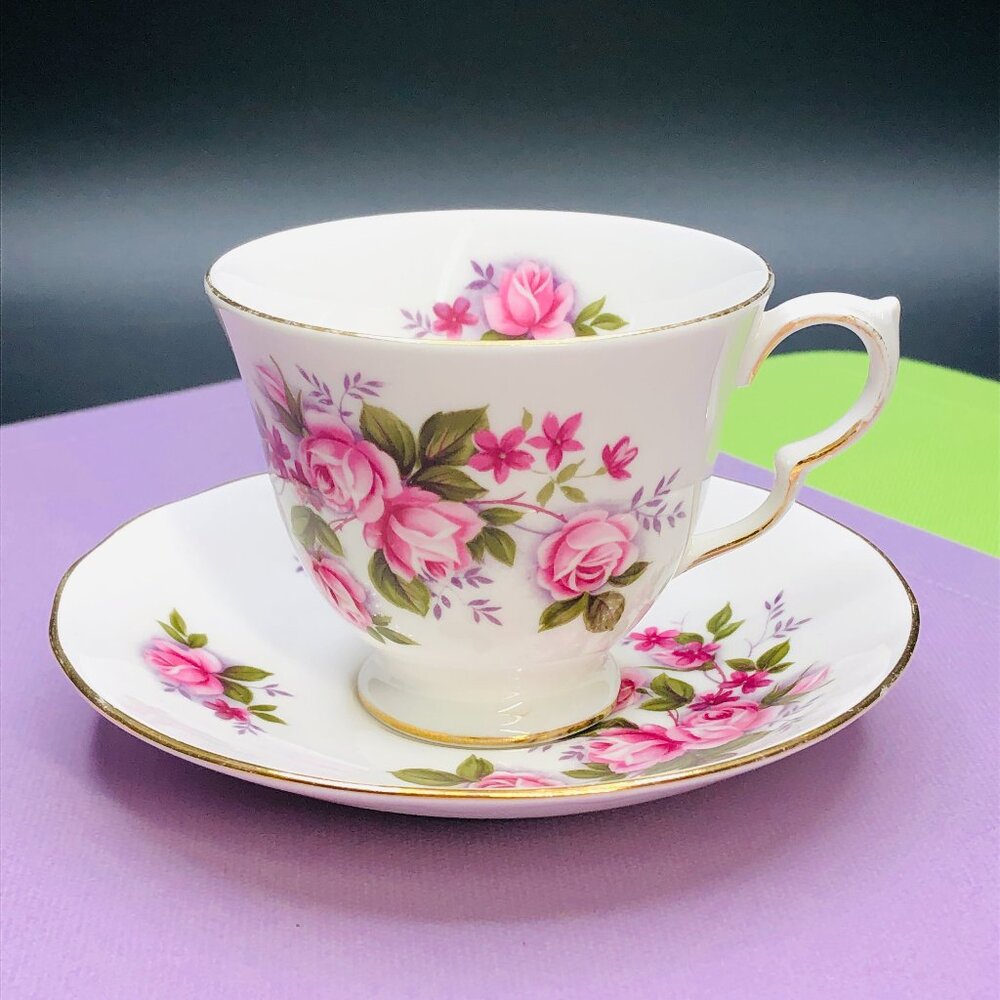 Vintage 50s Queen Anne Lavender Roses Teacup Saucer Set: Gilded Fine Bone China
